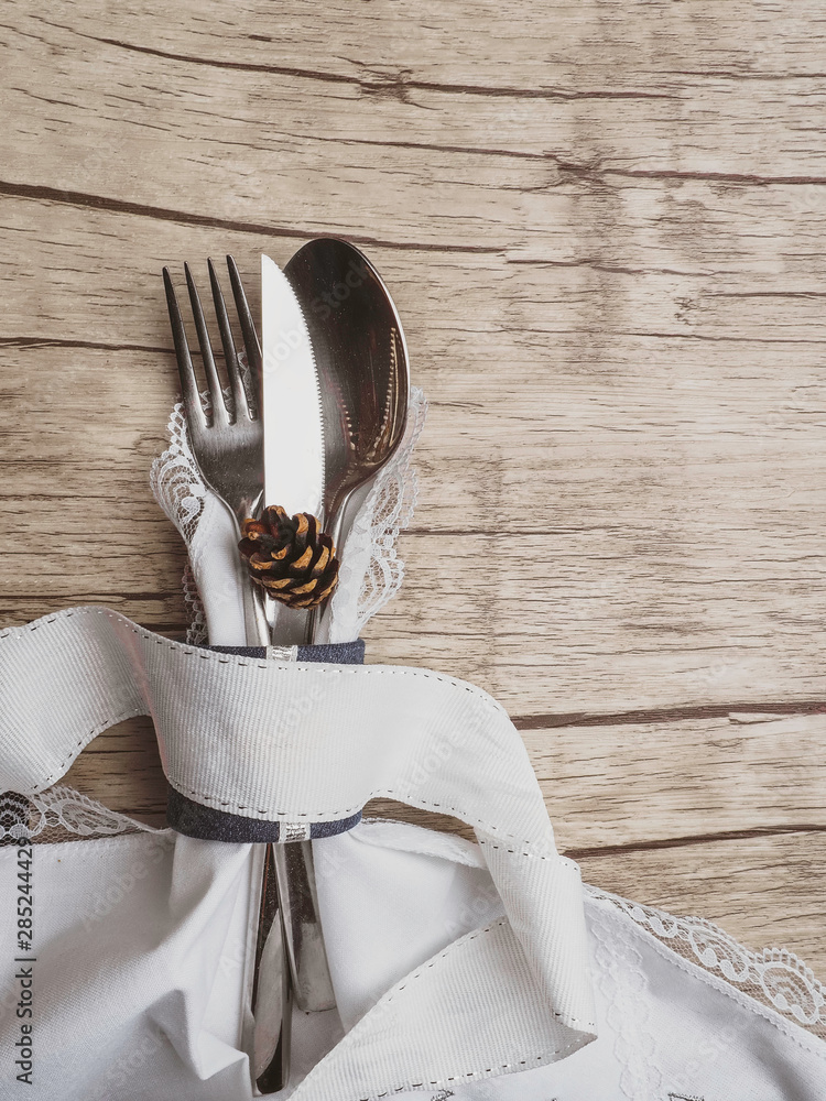 Christmas table place setting. Holidays background
