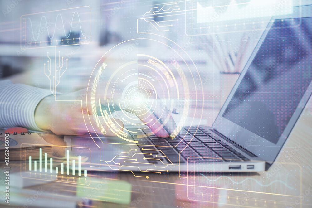 Businessman working on Laptop with technology theme drawing. Concept of big data. Double exposure. Businessman working on Laptop with technology theme drawing. Concept of big data. Double exposure.