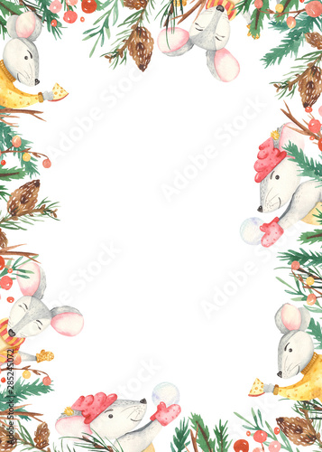 Watercolor frame christmas cute rat spruce