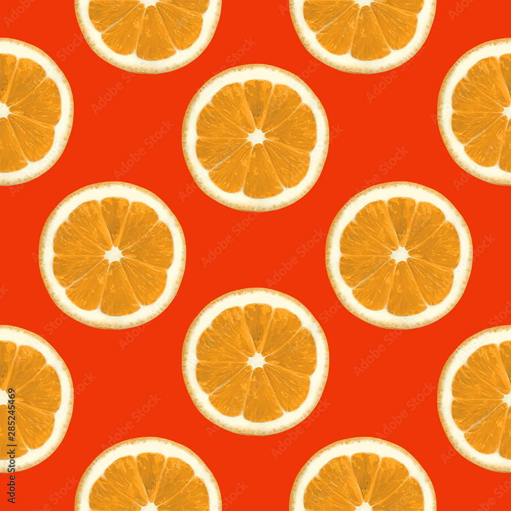 Obraz premium Orange seamless pattern Slices of citrus fruit on an orange background Retro style