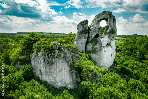 Fototapeta Naklejka Na Ścianę i Meble -  A panoramic view of the unique Okiennik rock in Poland with a large natural window