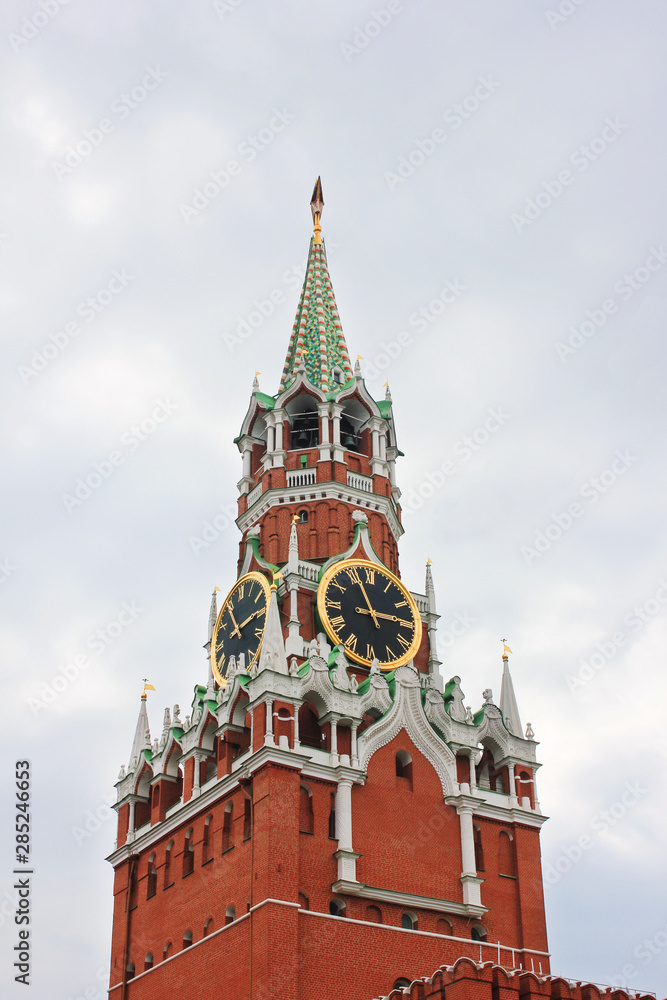 Spasskaya tower of Moscow Kremlin on Red Square in Russia. Kremlin building details with main russian symbol in Moscow city, capital of Russia Spasskaya tower of Moscow Kremlin on Red Square in Russia. Kremlin building details with main russian symbol in Moscow city, capital of Russia