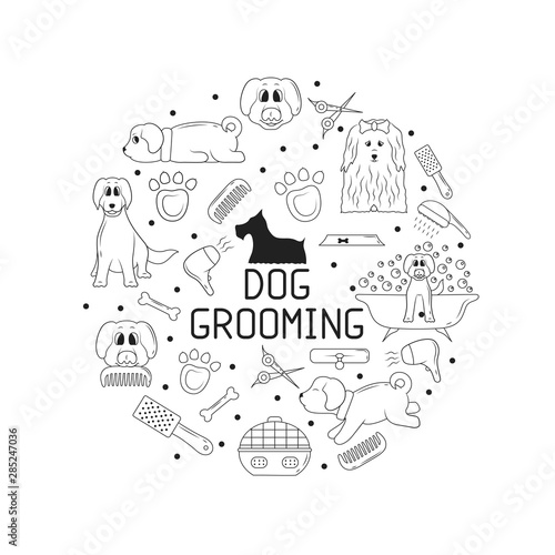 Dog grooming frame for pet shop or store. Line vector illustration. Template border for veterinary shelter.