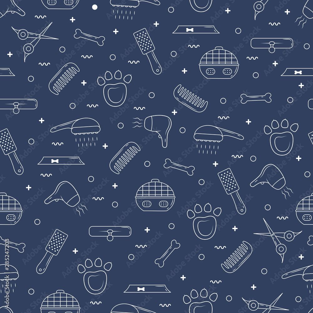 Pet shop seamless pattern. Line vector background for dog grooming. Template for veterinary store design in outline. Pet shop seamless pattern. Line vector background for dog grooming. Template for veterinary store design in outline.