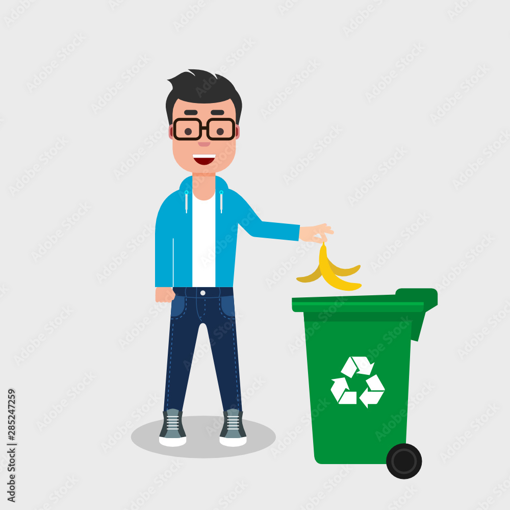 Young man in jeans and sweatshirt throwing banana peel in recycle bin. Recycling organic waste, segregate waste, sorting garbage, eco friendly, compost, concept. Vector illustration, flat style. Young man in jeans and sweatshirt throwing banana peel in recycle bin. Recycling organic waste, segregate waste, sorting garbage, eco friendly, compost, concept. Vector illustration, flat style.
