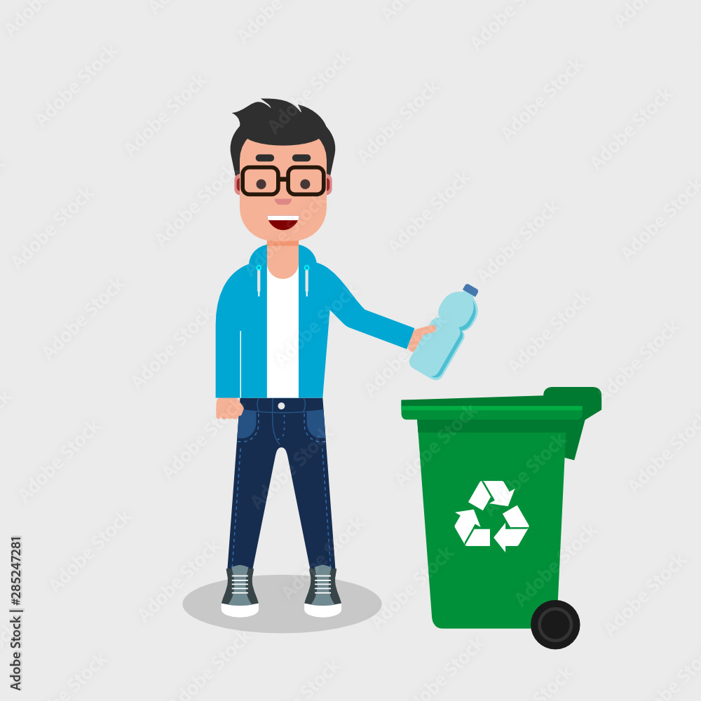 Young man in jeans and sweatshirt throwing plastic bottle in recycle bin. Recycling plastic, segregate waste, sorting garbage, eco friendly, concept. Vector illustration, flat style. 