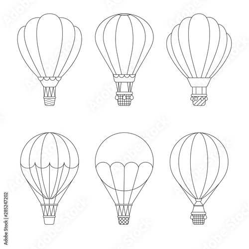 Set of hot air balloons outlines. Cute vector icons for flying travel. Sky transport for tourists journey.