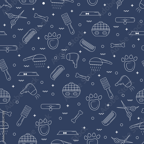 Pet shop seamless pattern. Line vector background for dog grooming. Template for veterinary store design in outline.