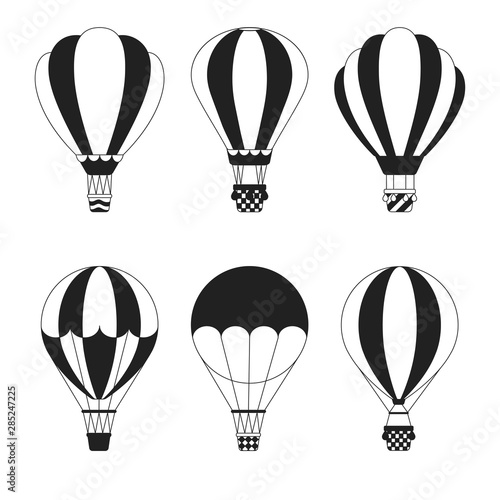 Set of hot air balloons silhouettes. Cute vector aerostat icons. Sky transport for travel and journey.