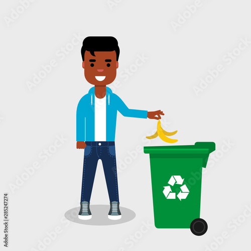 Young African American in jeans and sweatshirt throwing banana peel in recycle bin. Recycling organic waste, segregate waste, sorting garbage, eco friendly, compost, concept. Vector illustration, flat