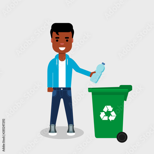 Young African American in jeans and sweatshirt throwing plastic bottle in recycle bin. Recycling plastic, segregate waste, sorting garbage, eco friendly, concept. Vector illustration, flat style. 