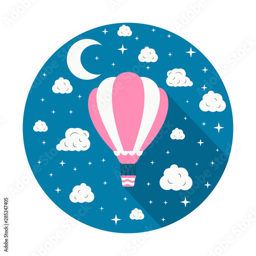Frame with colorful hot air balloon in the night sky with clouds, moon and stars. Cute vector baby doodle. Vector concept background for children poster or card.