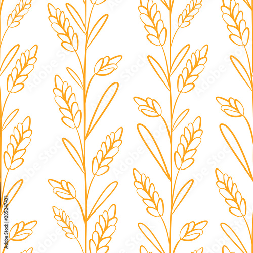 Vector seamless pattern with ears of wheat. Whole grain, organic, for bakery package, bread products. Isolated on white. 