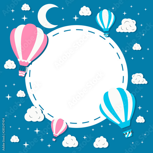 Round frame with colorful hot air balloon in the night sky with clouds, moon and stars. Cute vector baby border with airships. Vector concept background for children poster or card.