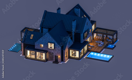 3d rendering of modern cozy clinker house on the ponds with garage and pool for sale or rent in night with cozy light from window. Isolated on gray