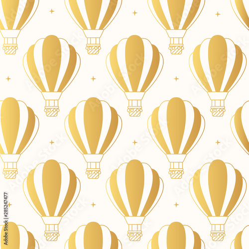 Wallpaper with golden hot air balloons for boys and girls. Seamless pattern with gold airships in outline. Vector concept background for children poster or card. Cute baby print. 
