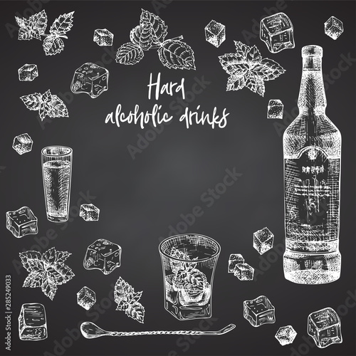 Vintage hand drawn sketch design bar, restaurant, cafe menu on black chalk board background. Place for your text Graphic vector art. Iwhiskey with ice and mint