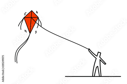 Doodle art, a kid is playing a kite.