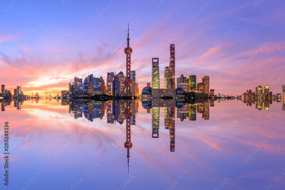 Shanghai skyline and modern urban buildings at sunrise,panoramic view.