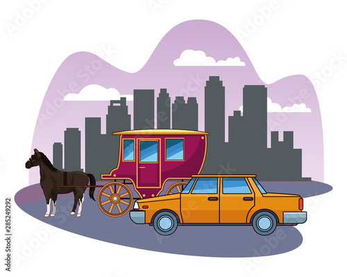 cars and horse carriages vehicles