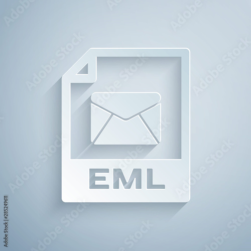 Paper cut EML file document. Download eml button icon isolated on grey background. EML file symbol. Paper art style. Vector Illustration photo