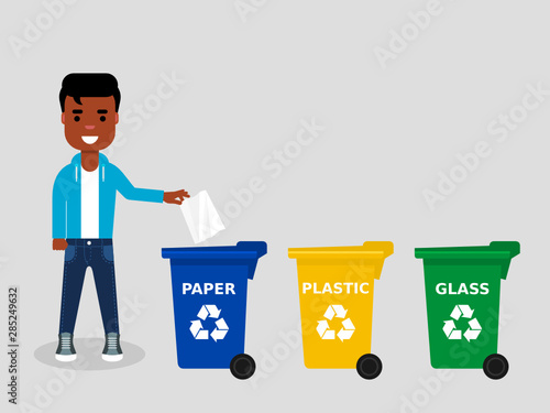 Young African American throwing a paper in an appropriate recycle bin.There are three different colored trash cans.Recycling paper,segregate waste,sorting garbage,eco friendly concept.Illustration