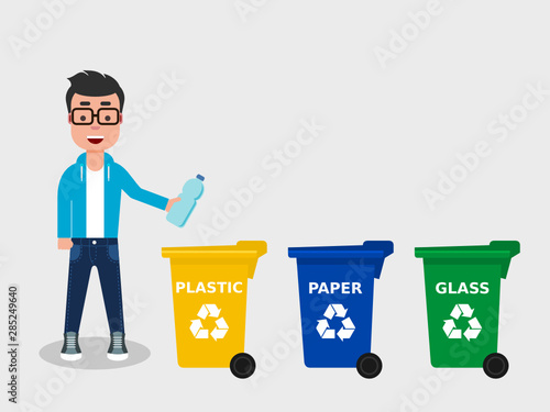 Young man throwing a plastic bottle in appropriate recycle bin.There are three different colored trash cans.Recycling plastic,segregate waste,sorting garbage,eco friendly concept.Vector illustration