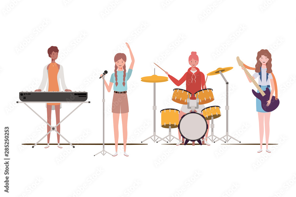 women with musicals instruments on white background women with musicals instruments on white background