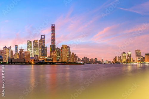 Shanghai skyline and modern urban buildings at sunrise China.