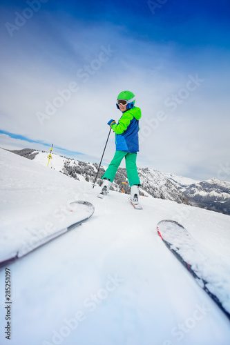 Ski school instructor view of boy on the slope
