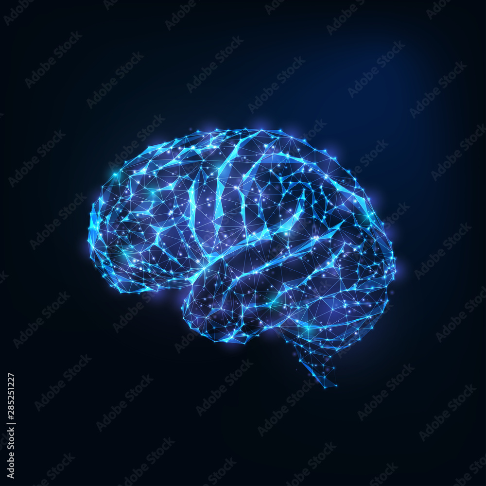 Futuristic glowing low polygonal brain as connected lines, stars isolated on dark blue background. - obrazy, fototapety, plakaty 