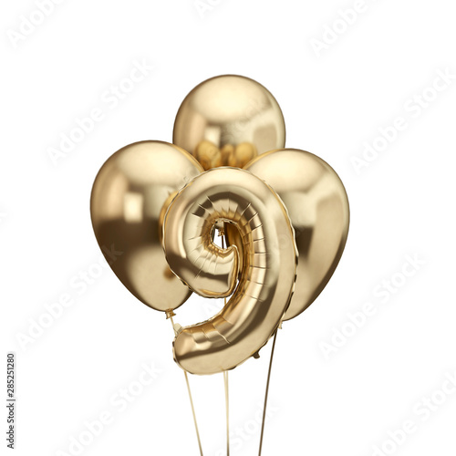 9th birthday gold foil bunch of balloons. Happy birthday. 3D Rendering