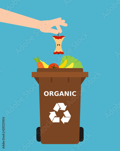 Hand throwing an eaten apple into a recycle bin. Recycling organic waste, compost, segregate waste, sorting garbage, eco friendly, concept. Blue background. Vector illustration, flat style.