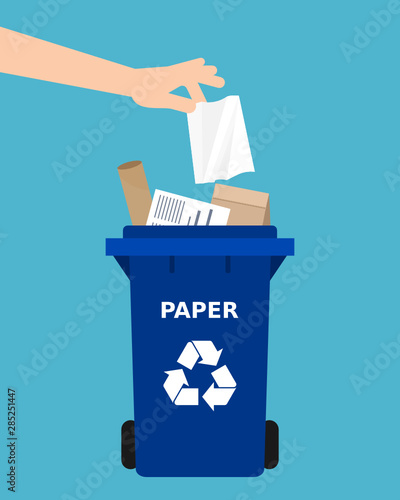 Hand throwing a paper into a recycle bin. Paper recycling, segregate waste, sorting garbage, eco friendly, concept. Blue background. Vector illustration, flat style.