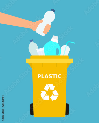 Hand throwing a plastic bottle into a recycle bin. Plastic recycling, segregate waste, sorting garbage, eco friendly, concept. Blue background. Vector illustration, flat style.