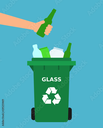 Hand throwing green glass bottle into a recycle bin. Glass recycle, segregate waste, sorting garbage, eco friendly, concept. Blue background. Vector illustration, flat style.