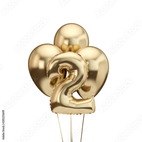 2nd birthday gold foil bunch of balloons. Happy birthday. 3D Rendering