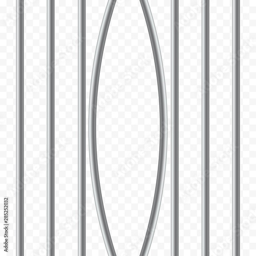 Realistic broken prison metal bars on transparent background. Iron cage. Prison fence jail. Way out to freedom. Jail break concept. Template design for criminal or sentence.