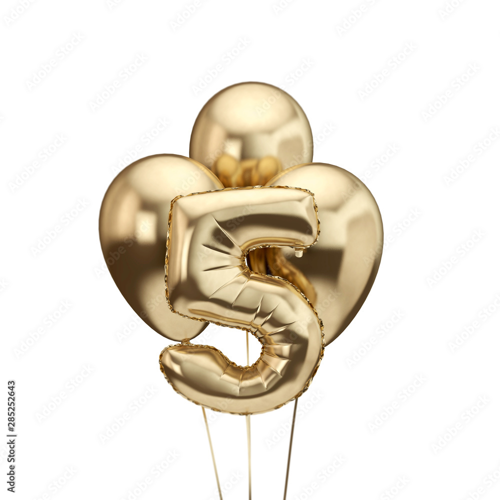 5th birthday gold foil bunch of balloons. Happy birthday. 3D Rendering