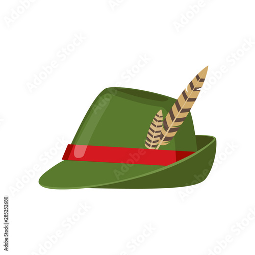 Green oktoberfest hat icon with feather in flat style.