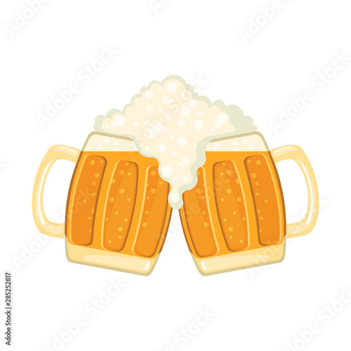 Two glass mugs of beer in flat style isolated on white.