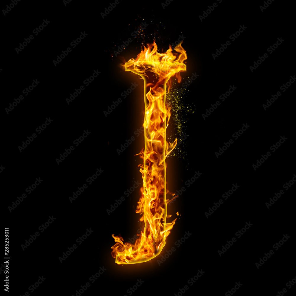 Letter J. Fire flames on black isolated background, realistick ...
