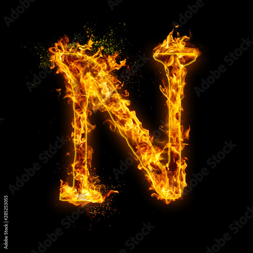 Letter N. Fire flames on black isolated background, realistick fire effect with sparks. Part of alphabet set