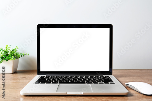 blank screen Modern laptop computer with mouse,Smart phone and Succulent on wood table in office view backgrounds