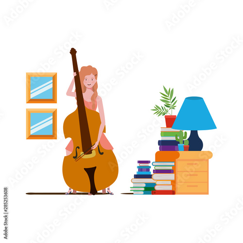 young woman with fiddle on white background