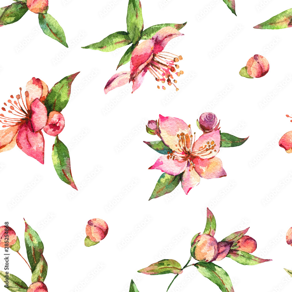 Watercolor spring seamless pattern, vintage floral pink blooming branches of cherry peach, pear, sakura, apple trees