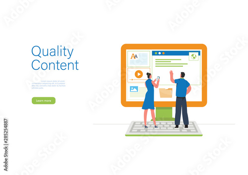 Engaging Content, Blogging, Blogger. Freelance. Marketing content. Creative writing. Copy writer. Content management. Flat cartoon miniature  illustration vector graphic on white background.