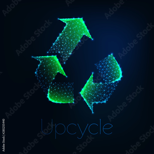 Futuristic glowing low polygonal green upcycle symbol isolated on dark blue background.