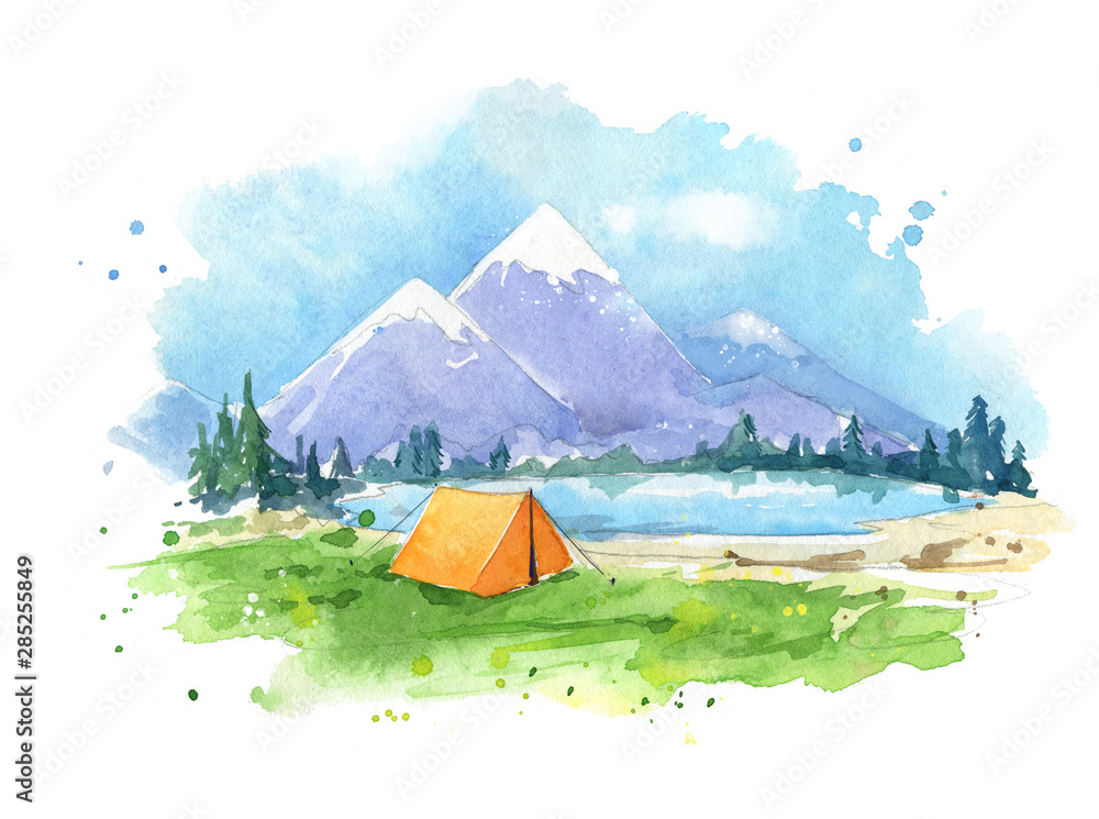 watercolour painting , camping by the lake