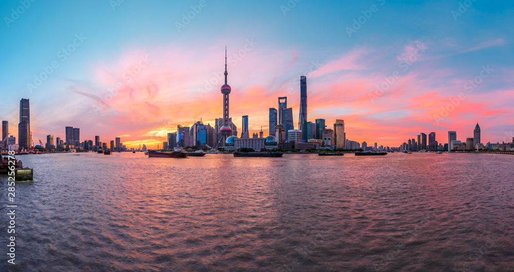 Shanghai skyline and modern buildings at sunrise,panoramic view.
